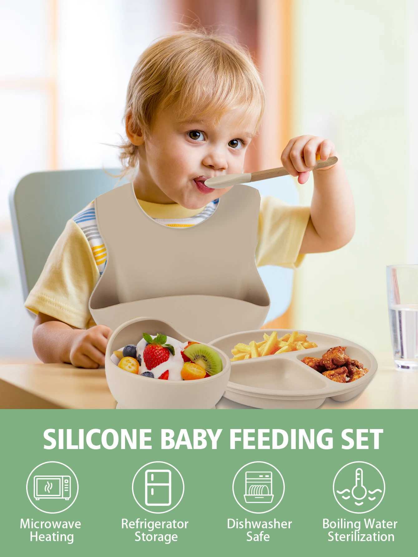 5pcs-1set Childrens Tableware Set Child Dishes Sucker Plate Bowl Utensils Soft Silicone Bibs Spoon Fork Sets Kids Tableware X250806