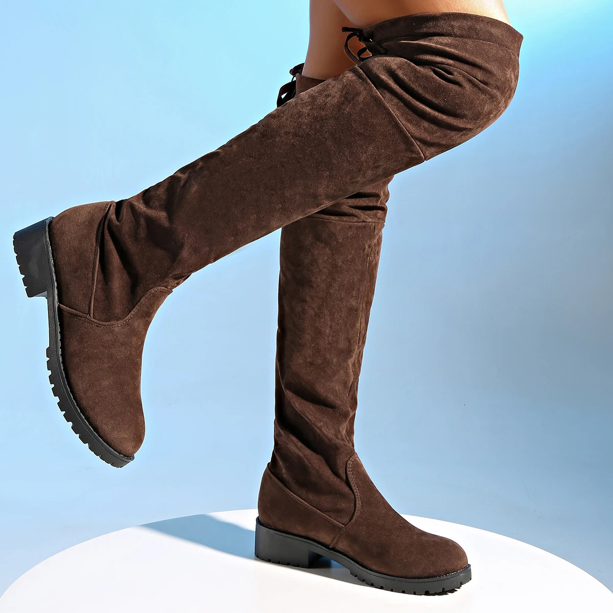 Women Boots Winter brown Over The Knee Boots Comfort Lace Up Chunky High Heels Shoes Fashion Warm Suede Round Toe Boots 250805