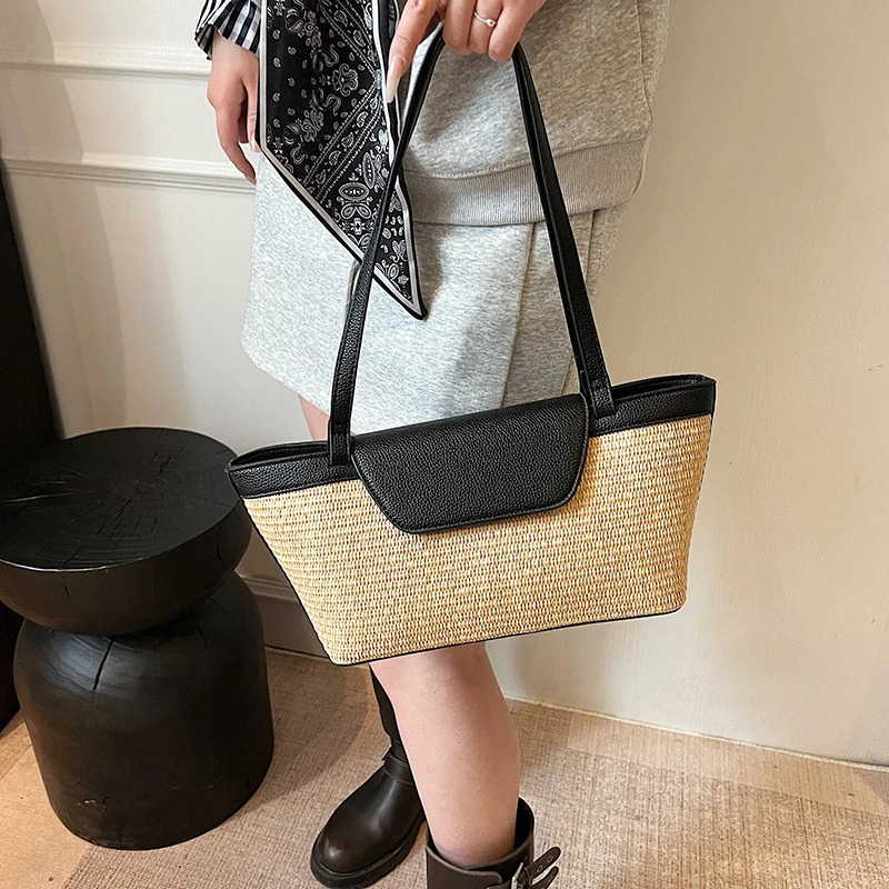Fashion Women Shoulder Bag PU Woven Patchwork Stick Large Capacity Tote Casual Contrasting Color Handbag 250805