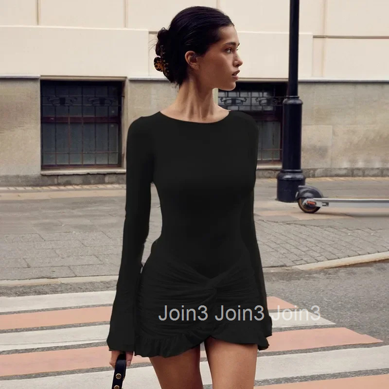 Ruched Bodycon Dress Women Sexy Long Sleeve Twist Ruffles Hem Mini Y2k Dresses Autumn White Elegant Club Party Short Vestidos