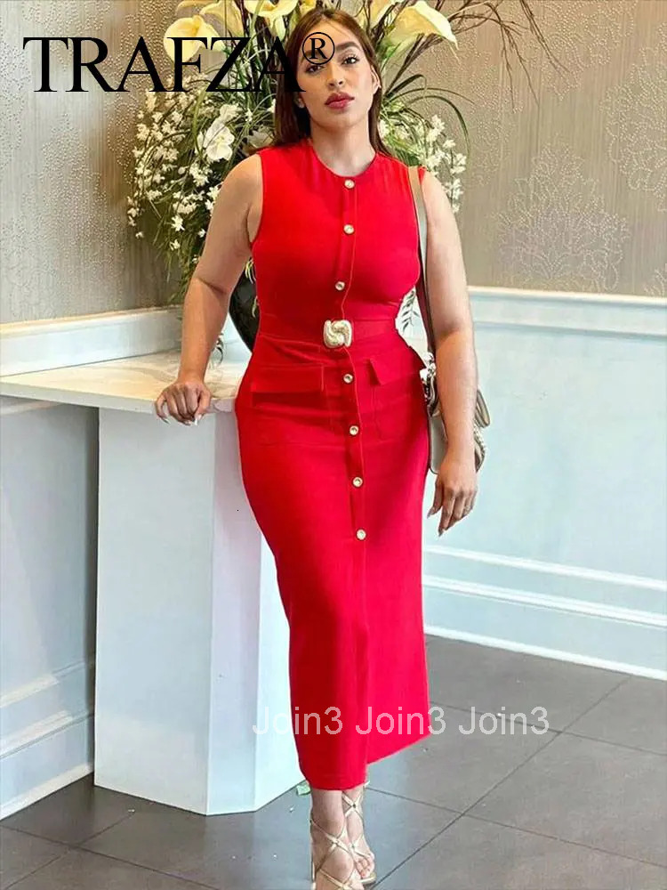 Female Summer Elegant Midi Dress O-Neck Hem Slit With Belt Sleeveless Single Breasted Back Zipper Fashion Long Dress