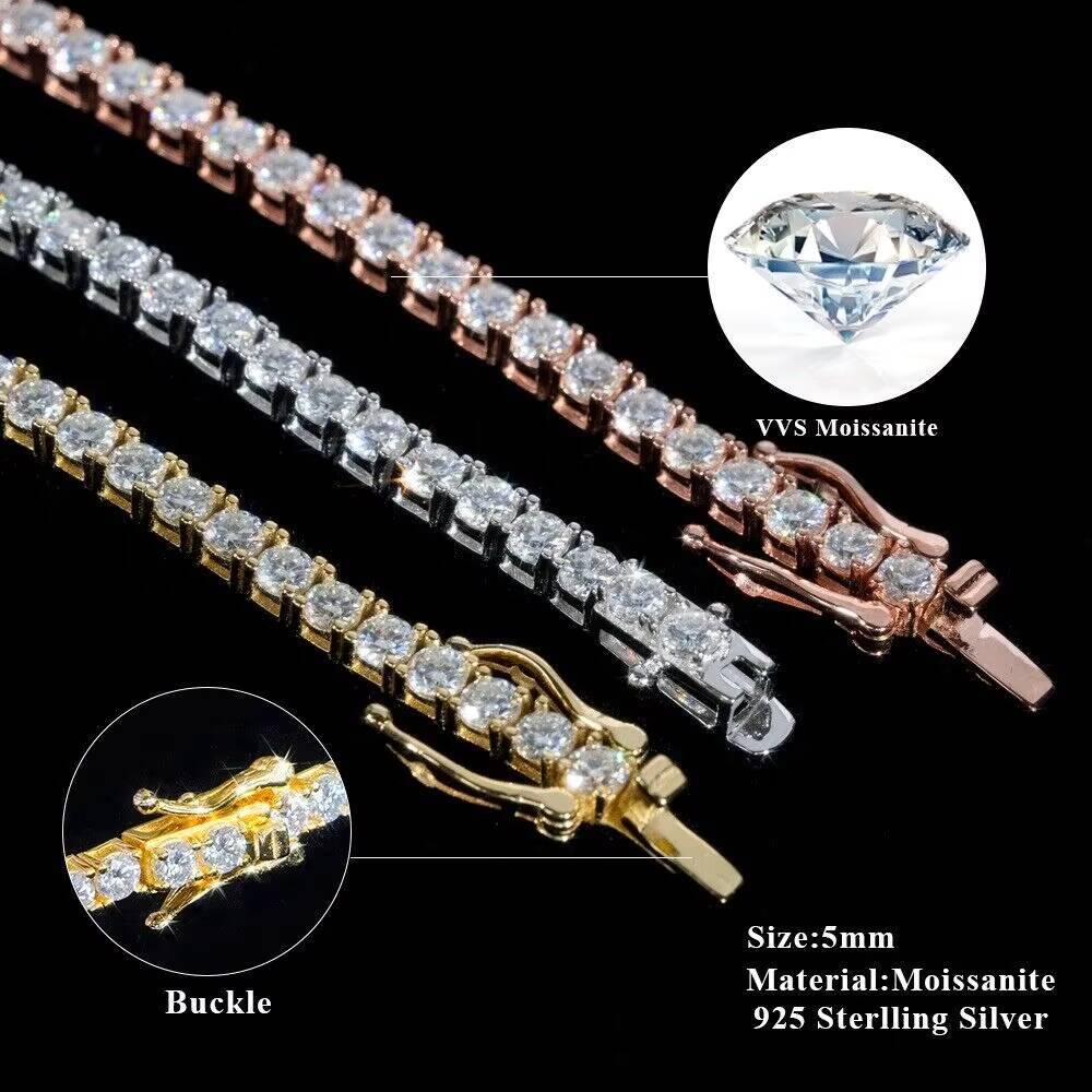 Pass Diamond Tester Large Stock Hip Hop Jewelry 2.0mm-6mm VVS Moissanite Diamond 925 Silver Iced Out Tennis Chain Necklaces