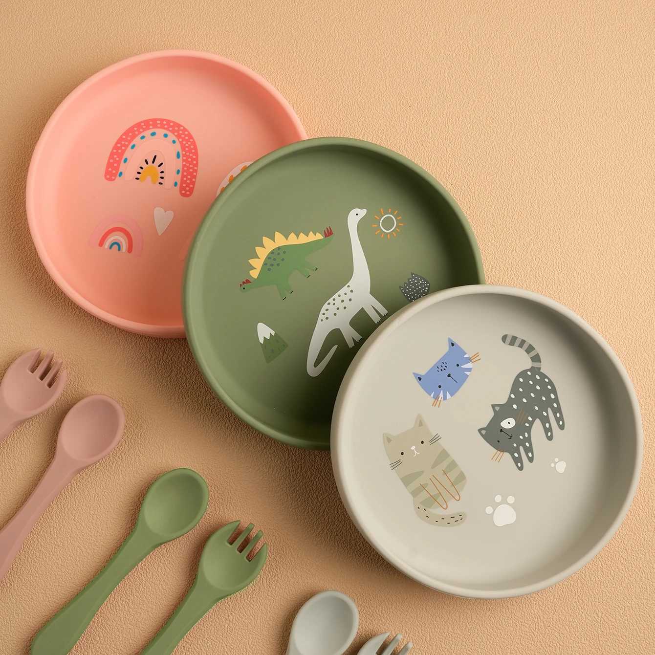 1PCS Baby Silicone Plate Cute Pattern Baby Tableware Dinosaur Rainbow Cat Pattern Baby Dishes Feeding Training Baby Shower Gift X250806