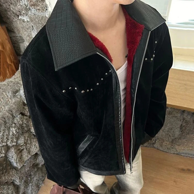 FEWQ High Street Mens Coats Turn-down Collar PU Leather Patchwork Metal Rivets Zipper Solid Color Casual Male Jackets 24K3450 250806