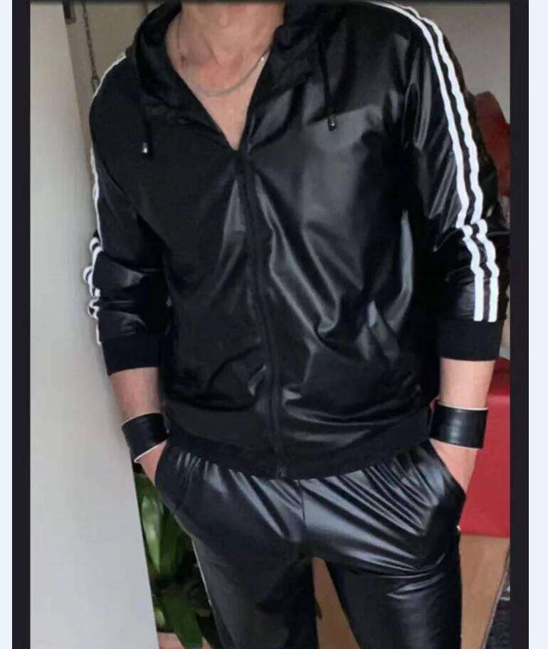 MEN's Faux Tracksuit with Zipper Hoodie, Casual Sportswear Jogging Suit, Men's PU Leather Hoodie Set for Sports