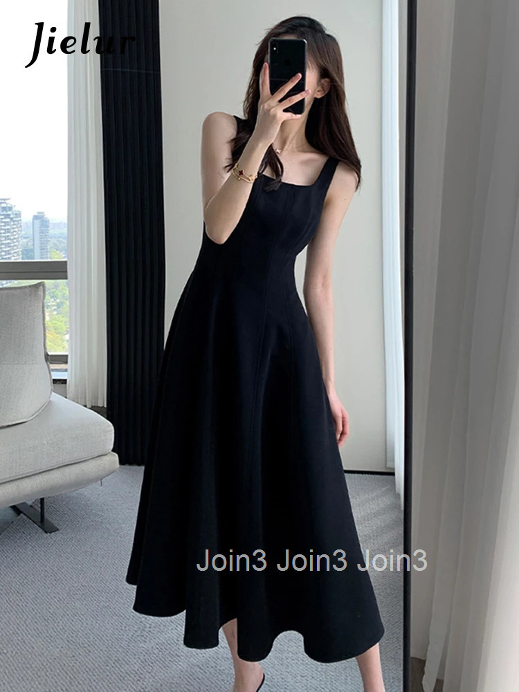 Jielur French Style Black Spaghetti Strap Female Dresses Summer Slim Waist Elegant Evening Womens Dresses Birthday Party Dress
