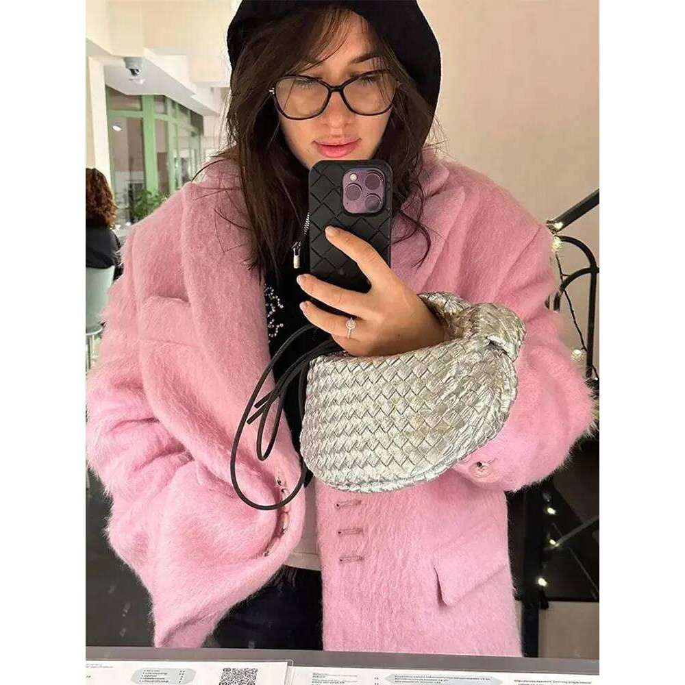 Pink Lapel Woolen Plush Coats Women Elegant Long Sleeve Button Office Lady Blazer Jacket Winter Fashion Packet Loose Coat