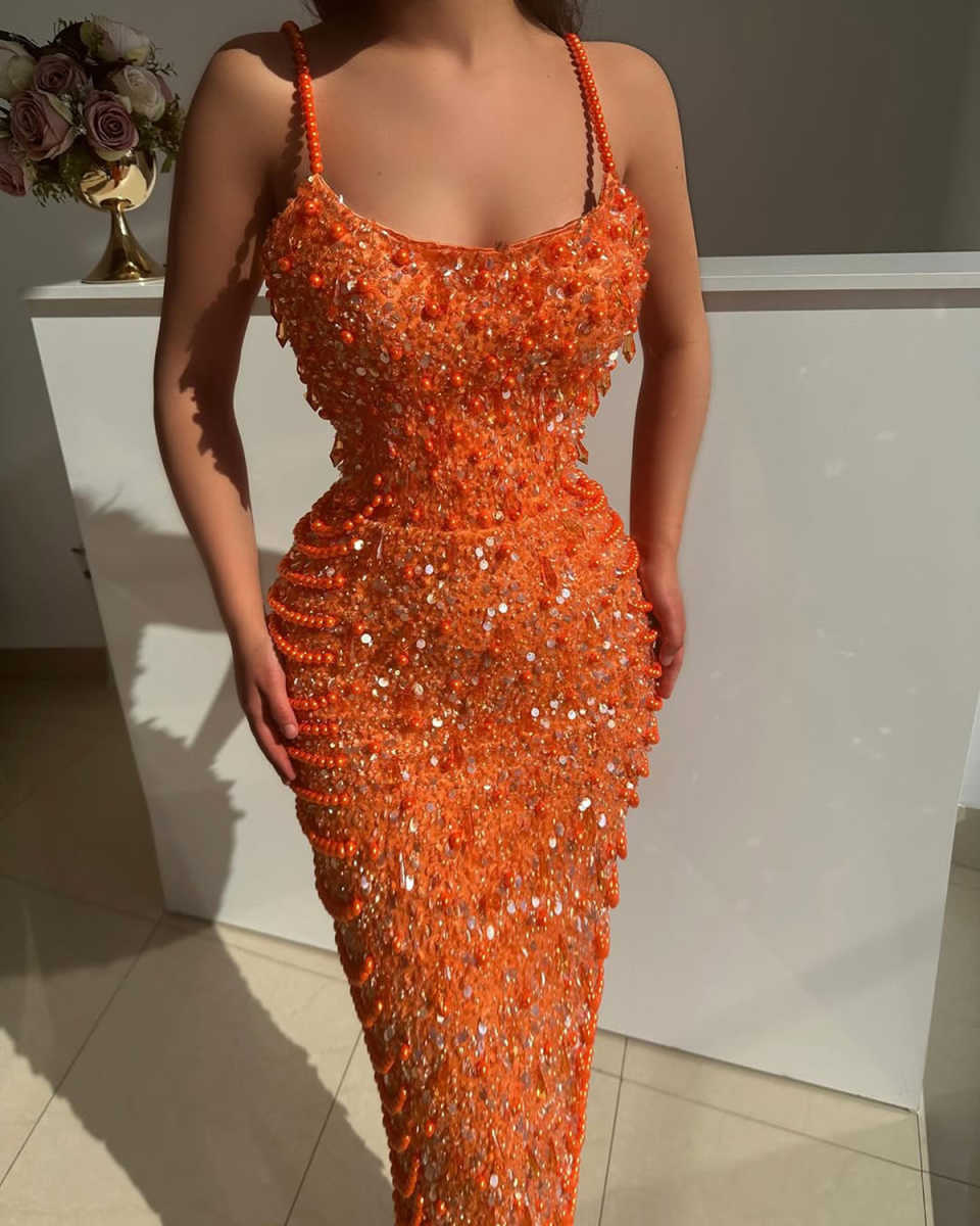 New Elegant Orange Sequins Lace Mermaid Evening Dresses Strapless For Women Beaded Prom Dress Party Gown Customized Vestido de novia