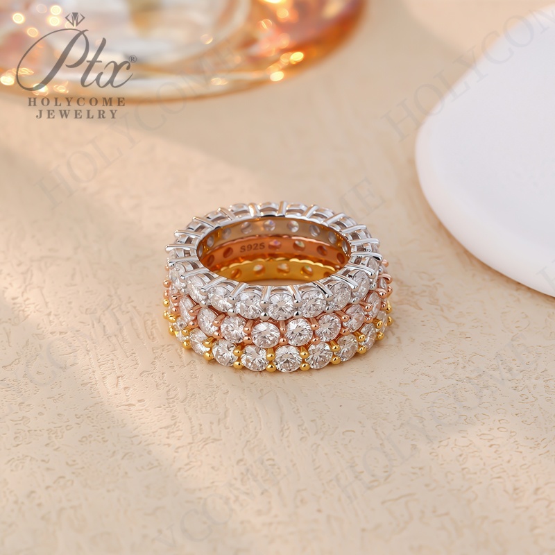 Fashion 3mm D Color Full Moissanite Row Rings For Women S925 Sterling Silver Eternity Bands Gold Plated Sparkling Wedding Rings Fine Jewelry