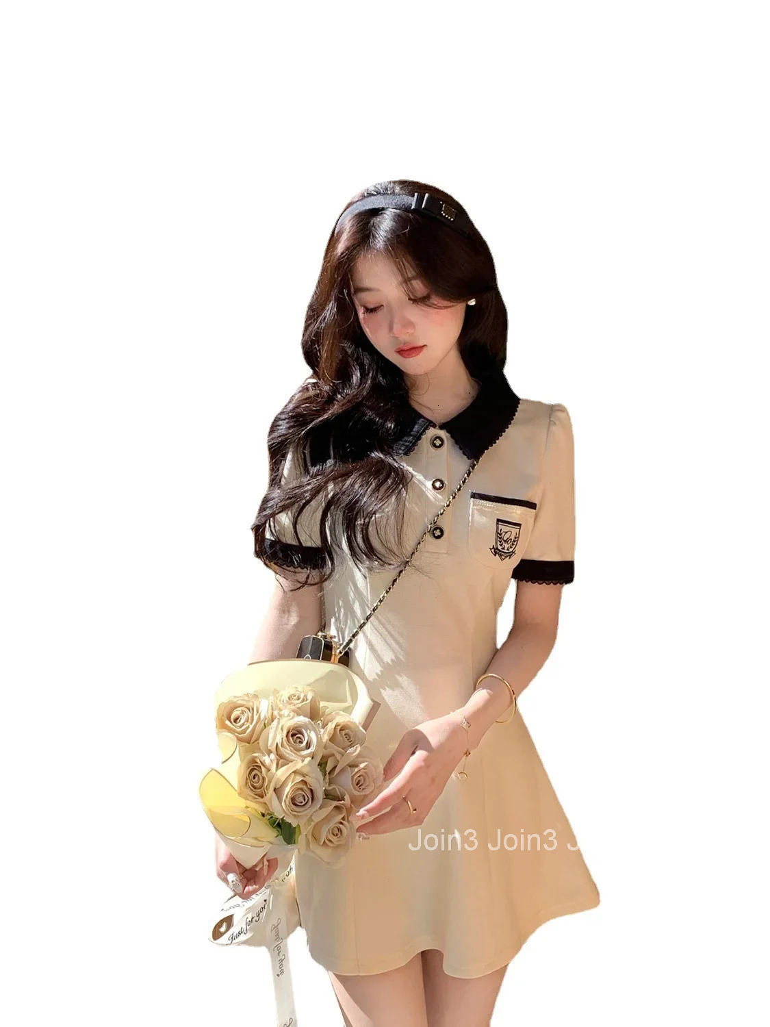 Hebe Style Polo Collar Little Black Dress Sweet Fashion New Ladys Patchwork Embroidered Midi Dress Womens Clothing