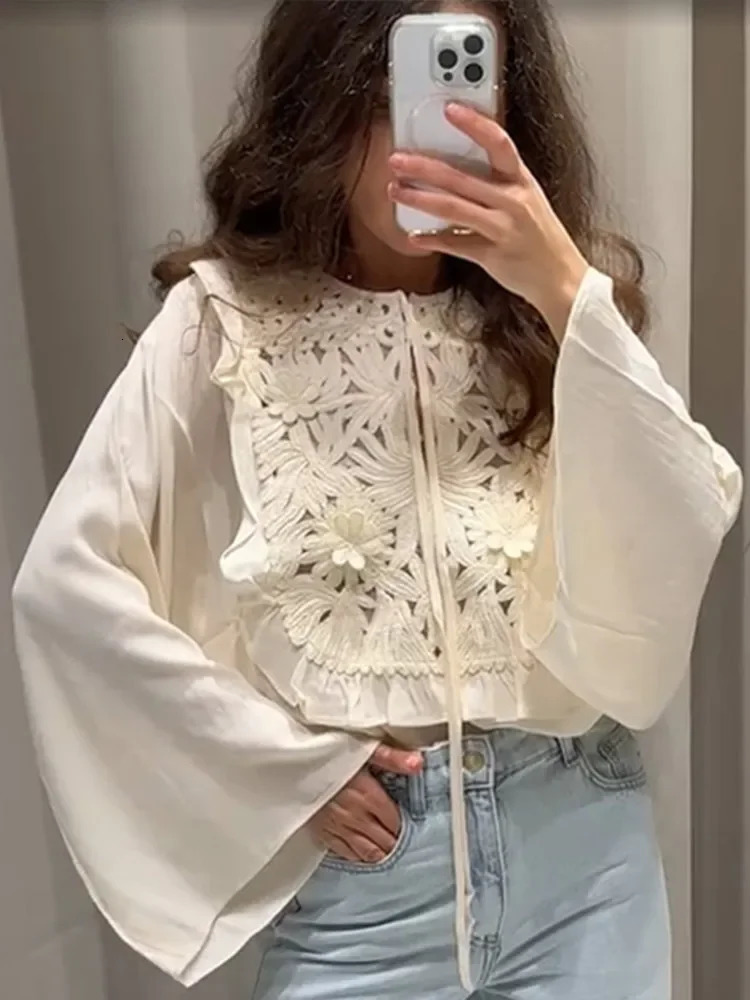 Chic Flared Sleeves O Neck Loose Lace Up Shirt Mini Skirts Elegant Floral Embroidered Skirt Set for Women Summer Lady 2 Pcs Suit 250804