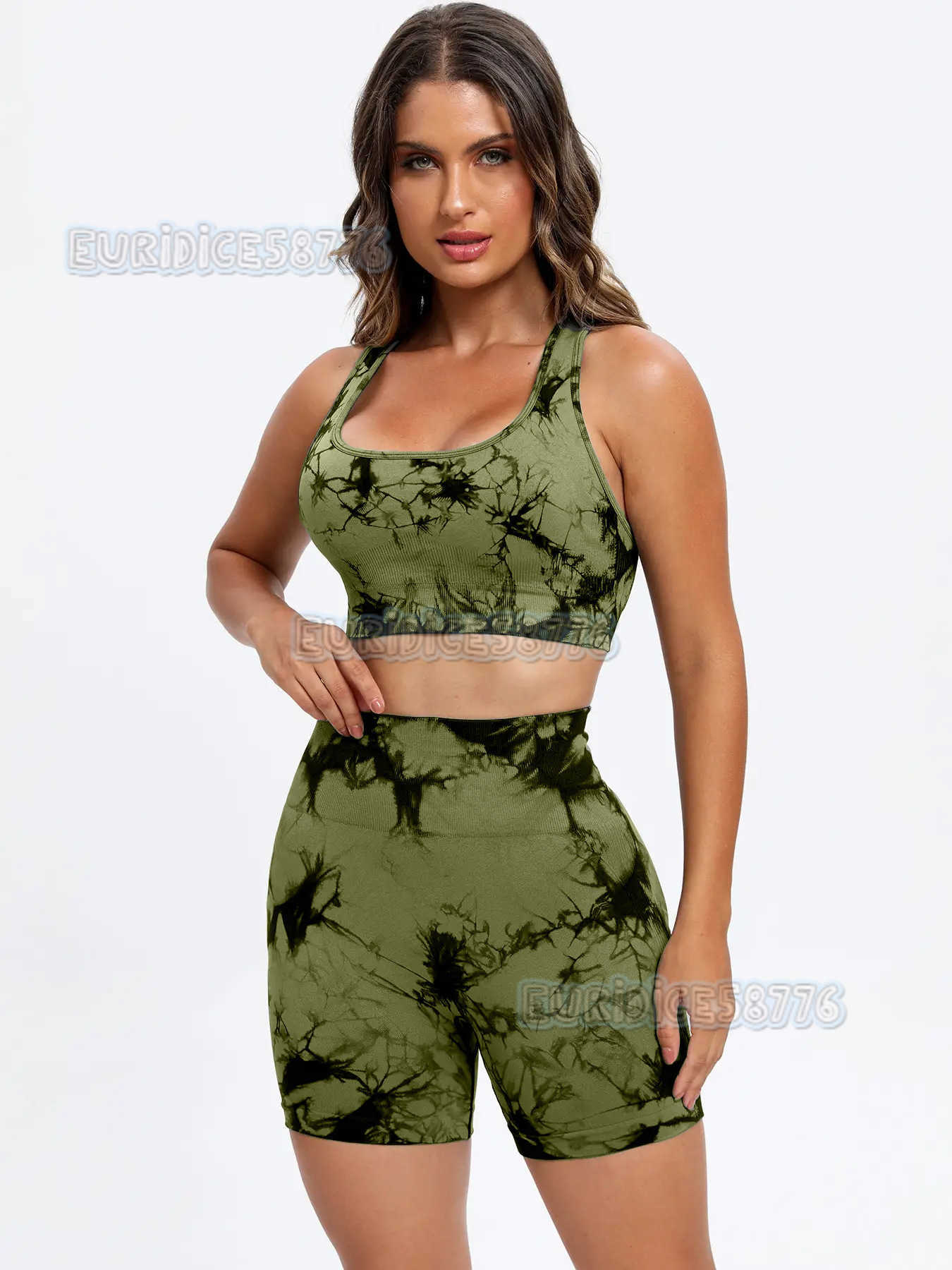 New Seamless Tie-dye Racerback Sports Bra High-waisted Peach Lift Yoga Shorts Set H250806