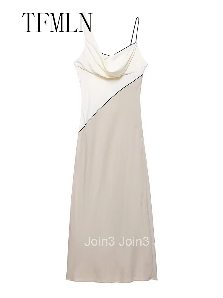 TFMLN Elegant Women Patchwork Slim Strap Dress Summer Pile Collar Sleeveless Beach Party Dress Sexy Asymmetrical Midi Dress