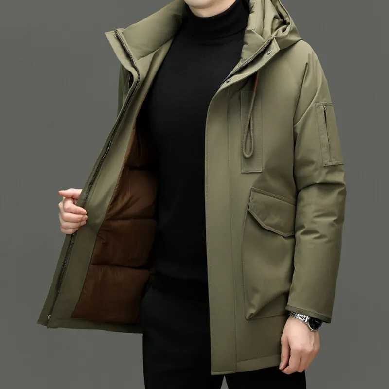 Classic 2025 Winter Mens Mid-Length Hooded White Duck Down Jacket Outdoor Windproof Wear Warm Hooded Puffer Coat Thick Clothing W250806