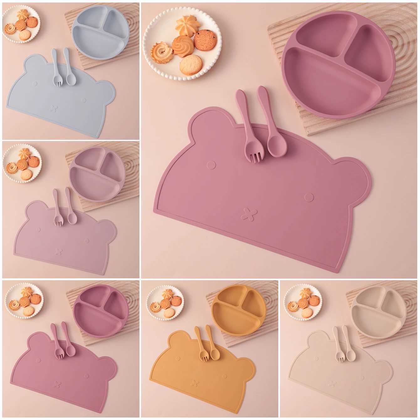 Color Kids Silicone Sucker Dishes Plate Spoon Fork Set Dinner Set Feeding Placemat For Toddler Meals Tableware Babies Items X250806