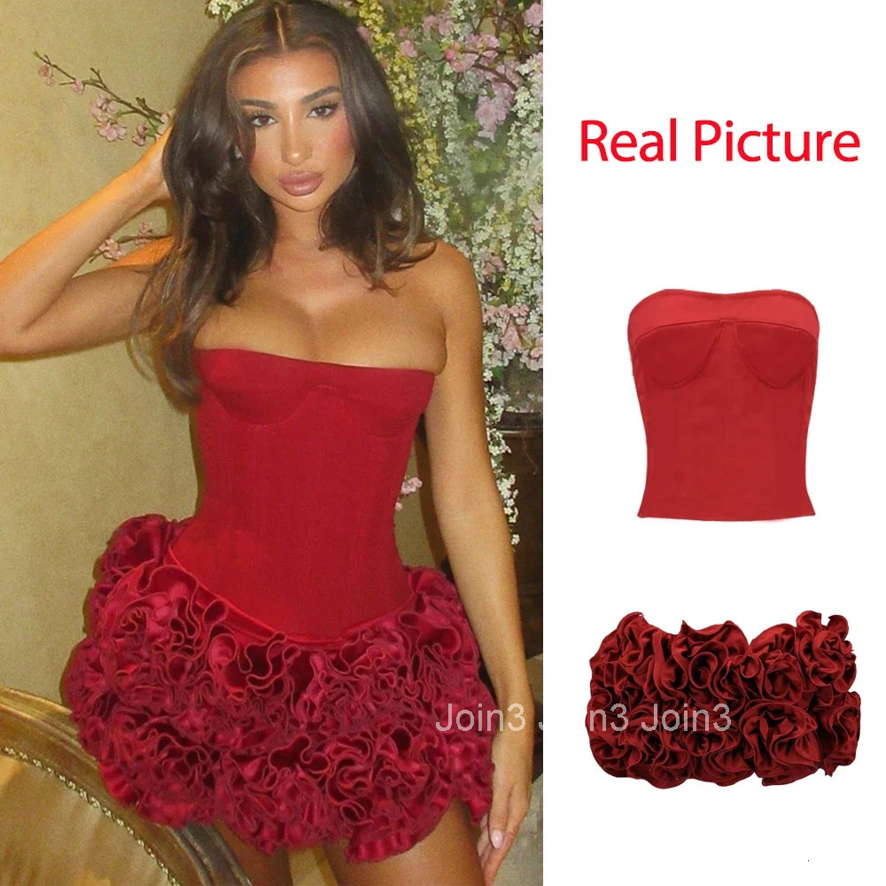 Winter Strapless Sexy Cocktail Dress New Year Party Dresses Women Luxury Red Mini Lace Up Elegant Dress
