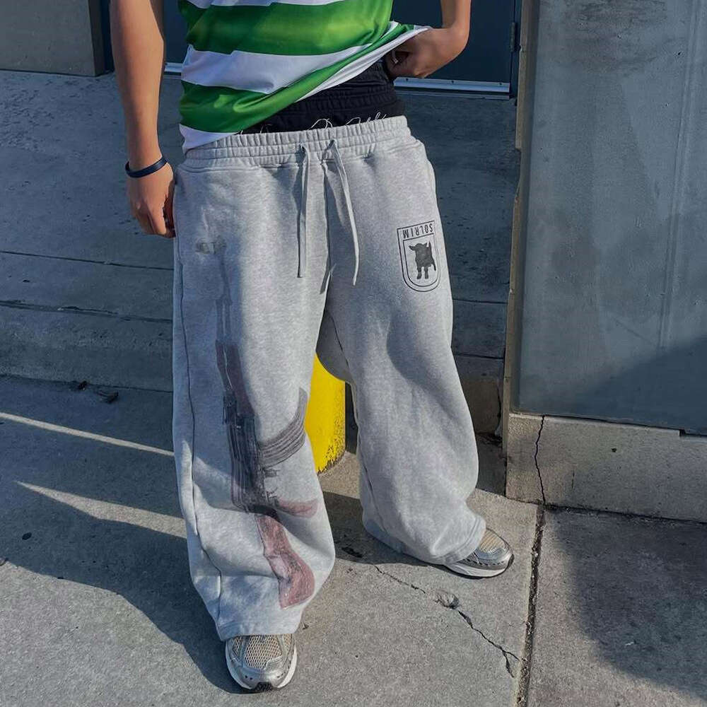 Printed Double Waistband Casual Pants for Men High Street Fashion Design Loose Versatile Straight Sweatpants