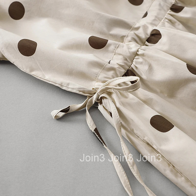 Dot V-neck short-sleeved simple cotton dress women summer new Japanese temperament elegant loose drawstring casual dresses