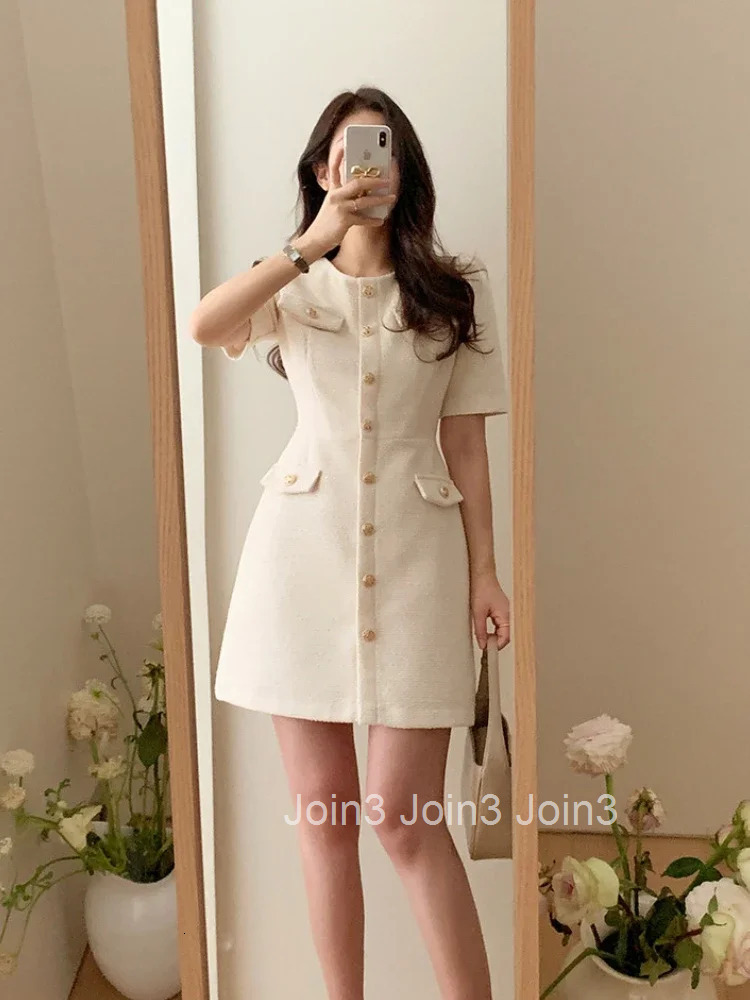 Summer New Korean Elegant Tweed Dress Women Small Fragrance Short Sleeve Single Breasted Mini Dresses Vestidos High Quality