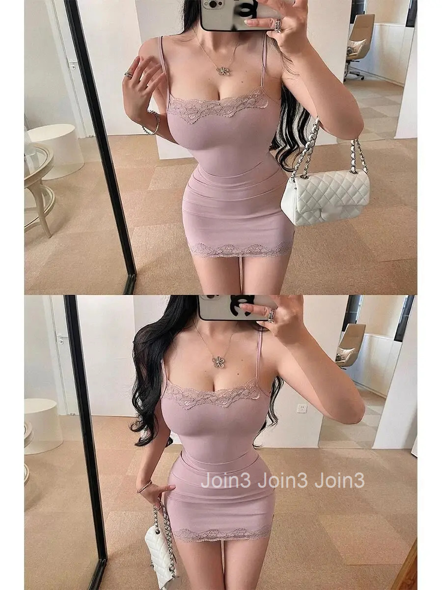 Sexy Tight Slimming Lace Patchwork Bottom Strap Dress Elegant Short Sweet Fashion Korean Women Mini Dress Tank Tops A7XP