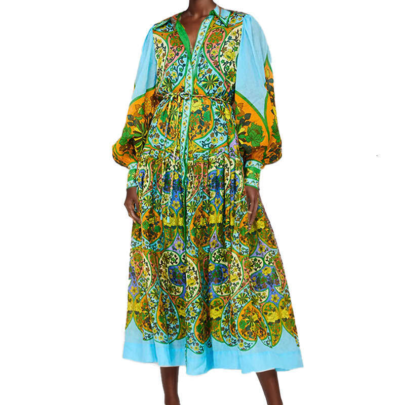 New Women's Clothing Pastoral Style Elegant Printed Lantern Sleeve V-Neck Flared Summer Dress For Women B5