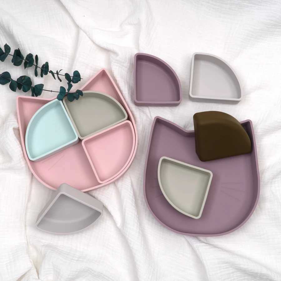 2024 New Baby Tableware Cat Plate Four-compartment Small Bowl Waterproof Soft Silicone Cartoon Cat Suction Plate Custom Free X250806