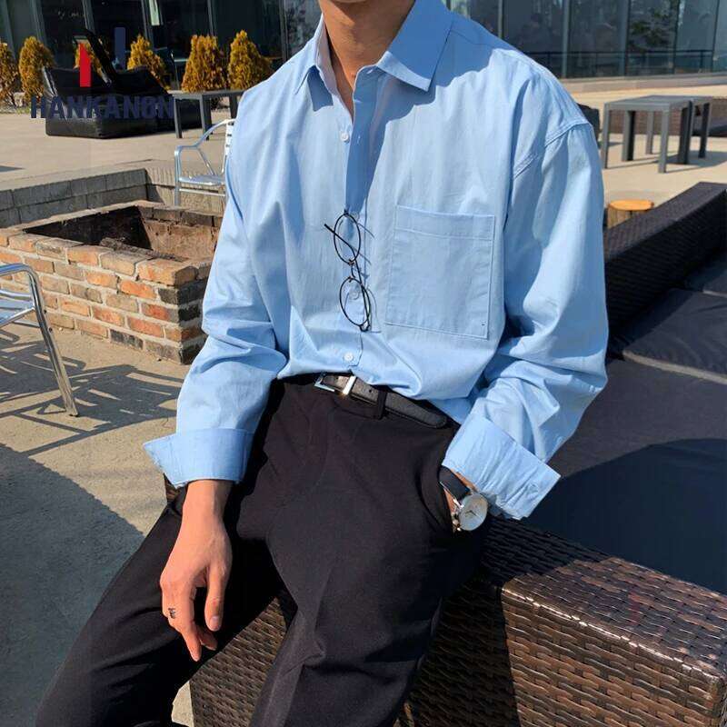 Unisex Loose Blue Shirt, Casual Solid Color Long-Sleeved Top,Men's Japanese/Korean Style Outdoor Camping Thin Coat Oversized