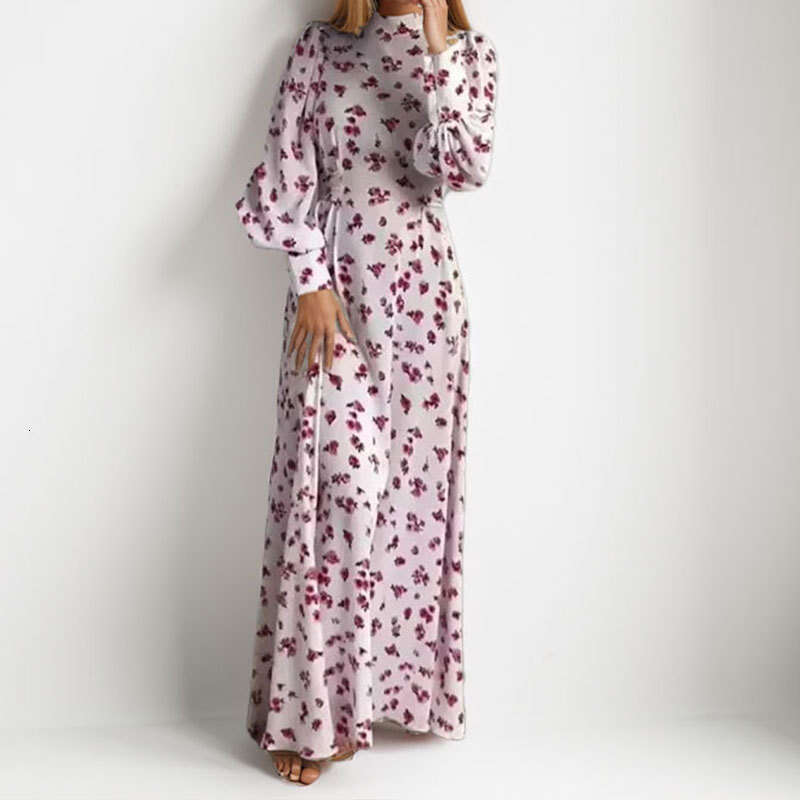 Women's Fashion Elegant Temperament Stand Collar Floral Lantern Sleeve Dress B5