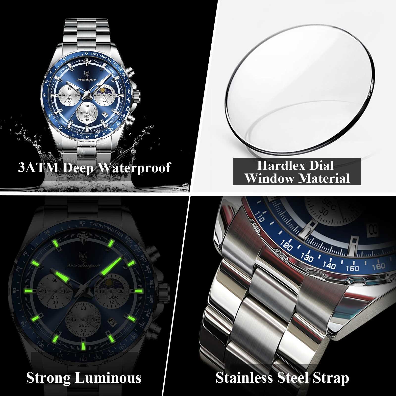 POEDAGAR Fashion Mens Wrist Chronograph Date Waterproof Luminous Mens Stainless Steel Luxury Quartz Mens Watch W250806
