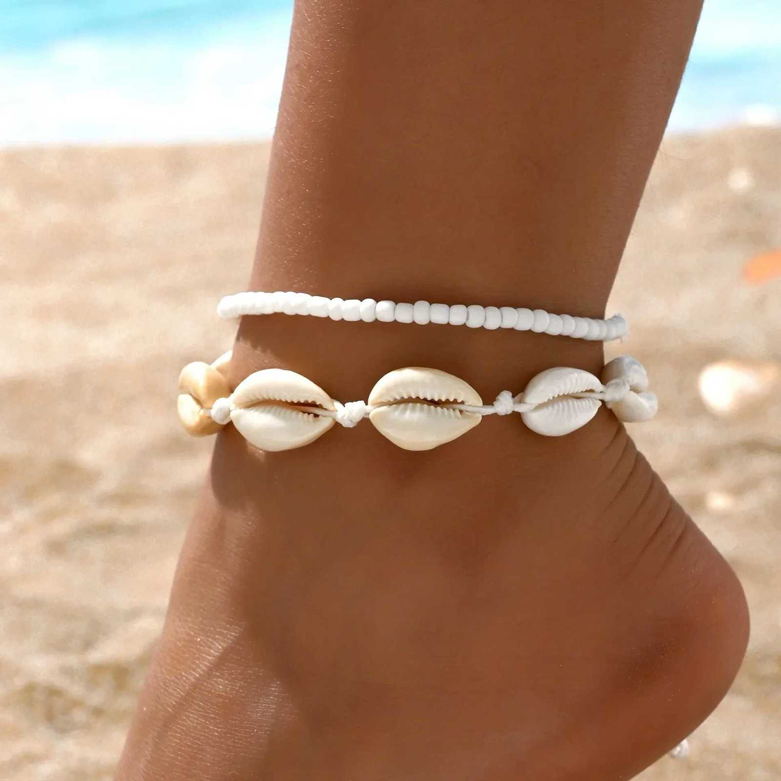 2PCS Bohemia Natural Shell Anklets For Women Small Resin Beads Summer Beach Shell Barefoot Ankle Leg Chain Foot Jewelry Y250805