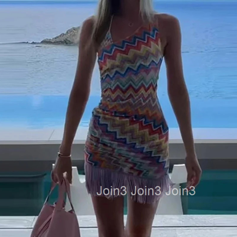 Sexy Diagonal Collar Backless Irregular Mini Dress Lady Fashion Tassel Patchwork Short Dress Elegant Striped Print Bodycon Dress