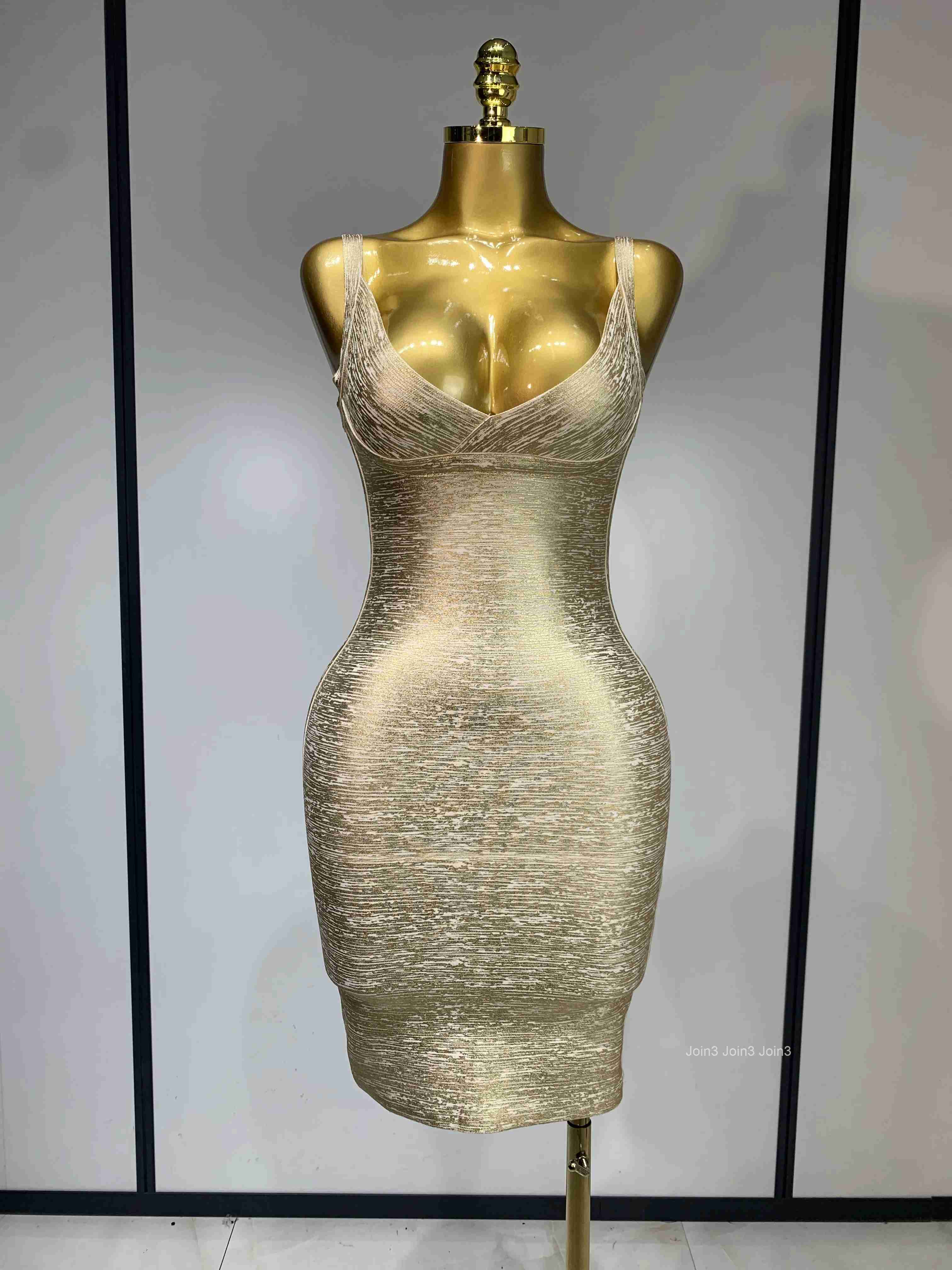 High Quality Celebrity Elegant Gold Bodycon Bandage Dress Women Sexy Nightclub Evening Party Luxury Birthday Dress Vestidos