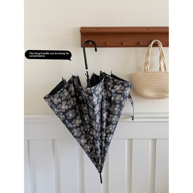 Msho Abstinence Style High-Value Black Flower and Rain UPF50+ Long Handle for Women Foldable Protection UV Sun Umbrella