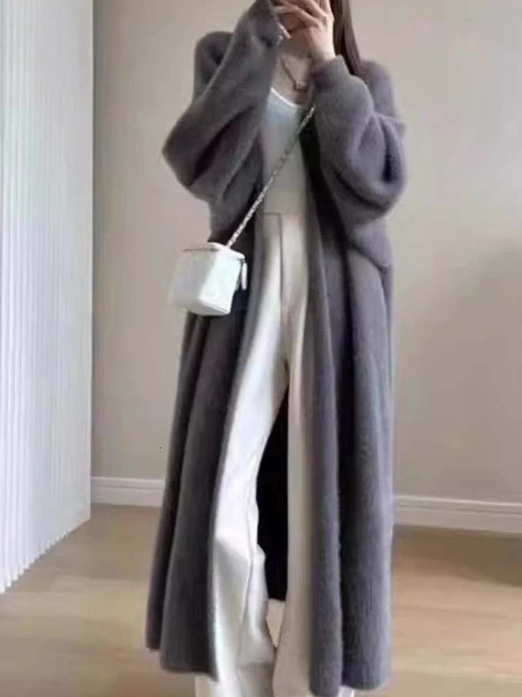 AutumnWinter Lazy Style Warm Knee Length Thickened Women Cardigan Pure Mink Fleece Knitted Sweater Women Warm Coat 250804