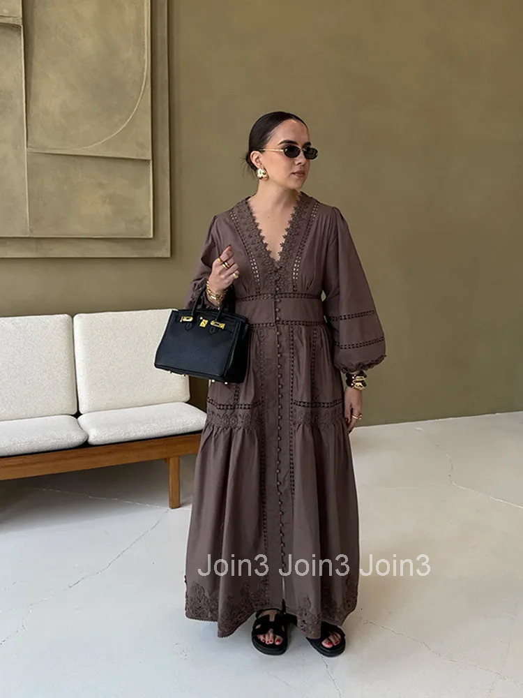 Elegant Lace Hollow Out Womens Long Dress Solid V-neck Patchwork Puff Sleeve Bodycon Dressess Female Spring New Lady Robes