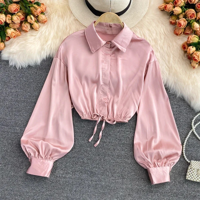 y2k tops woman blouse polo shirts satin long sleeve women blusas female shirt harajuku sexy pleated tee 250806