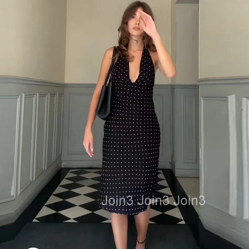 Dress Summer Womens New Chic Dot Print Slim V-Neck Hanging Neck Elegant Travel Dress Womens Street Fashion Party Dress