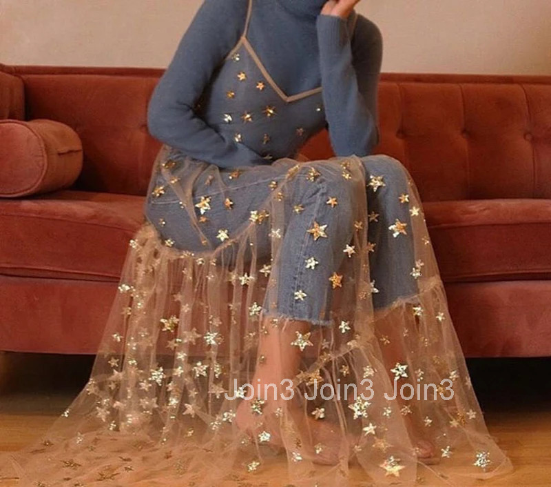 Straps Tulle Dresses Women Long Maxi Dresses Fashion Bling See Through V-neck Party Dresses For Women