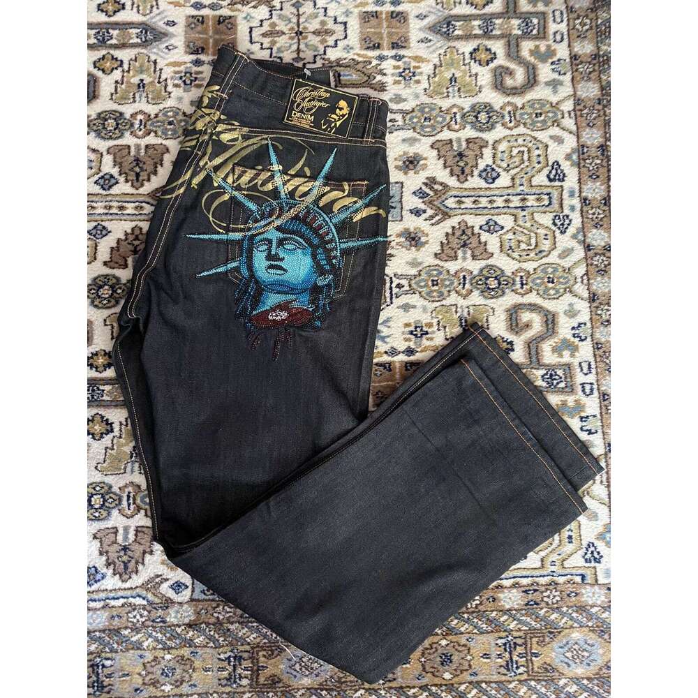 American Style Statue of Liberty Rhinestone Jeans for Men High Street Design Loose Versatile Straight Pants Trendy