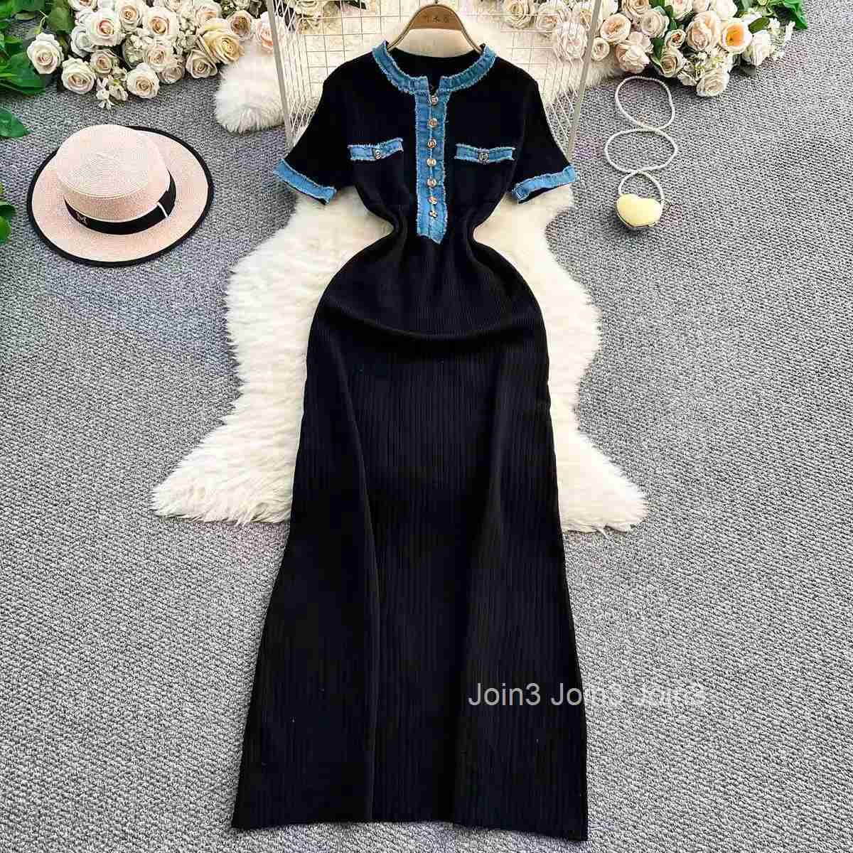 Womens Denim Patchwork Knitted Long Dress Tight French Short Sleeve Dress Fashionable Casual Style Maxi Dress from Mainland Chi