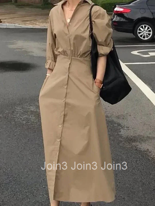 Women Casual Long Shirts Dresses Summer Spring Clothes Khaki Puff Sleeves Botton Simple Maxi Dresses for Women
