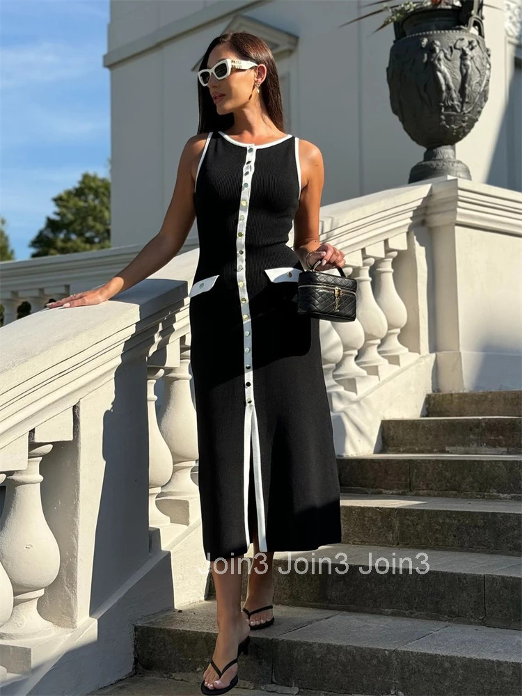 Knit Ribbed Cardigan Maxi Dress Female High Waist Slim Pocket Sleeveless Elegant Party Dress Womens Knitwear Long Dress