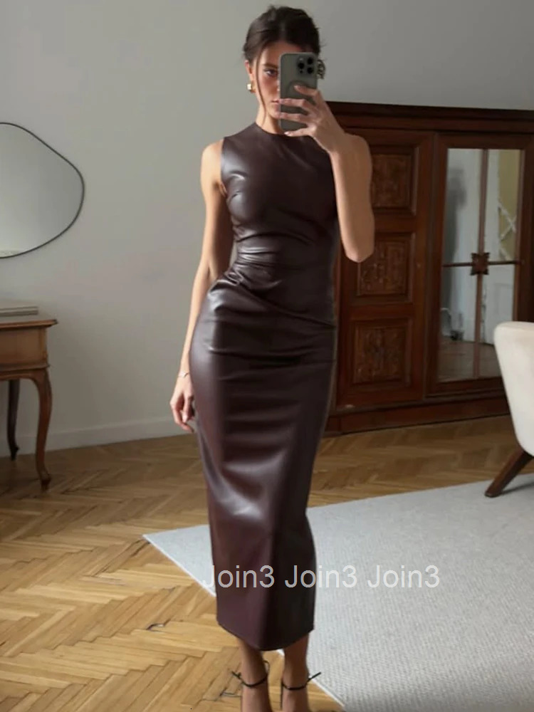 Trendix PU Elegant Maxi Dress For Womens Bodycon Pleated Sleeveless Long Dresses Vacation Casual Street High Waist Party Dress