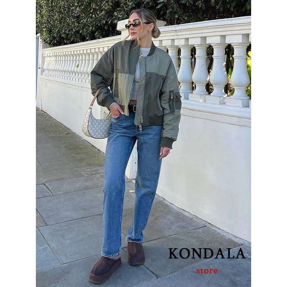 Streetwear Armygreen Bomber Women Patchwork Zipper Pockets Oversized Jackets Fashion Winter Spring Coats