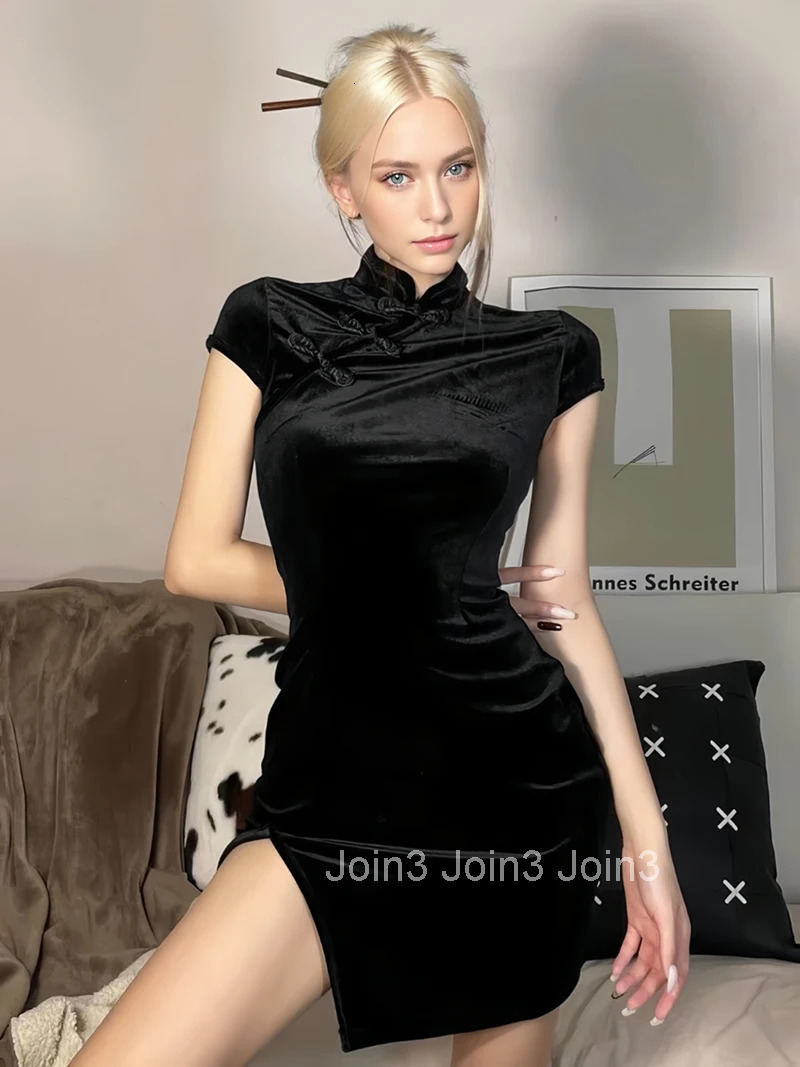 Women Dress Y2K Cheongsam Velvet Elegant Black Sexy Short Sleeve Button Casual Shopping Photo Chinese Dress Tight Fashion Summer