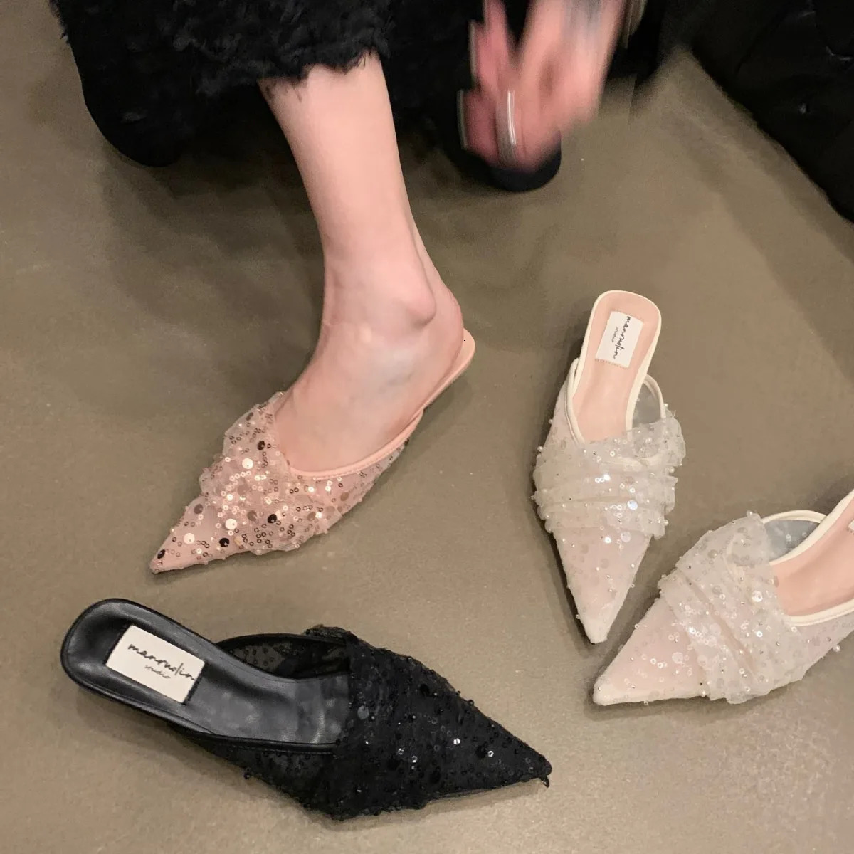 Small fragrant wind high heel half slippers springsummer vintage high heels Gentle single shoe sequined shoes 250731
