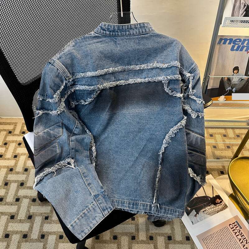 Men's Distressed Embroidered Denim Jacket With Shoulder Pads - Retro Style Biker Coat For Men, Stand Collar Loose Fit Casual Outerwear