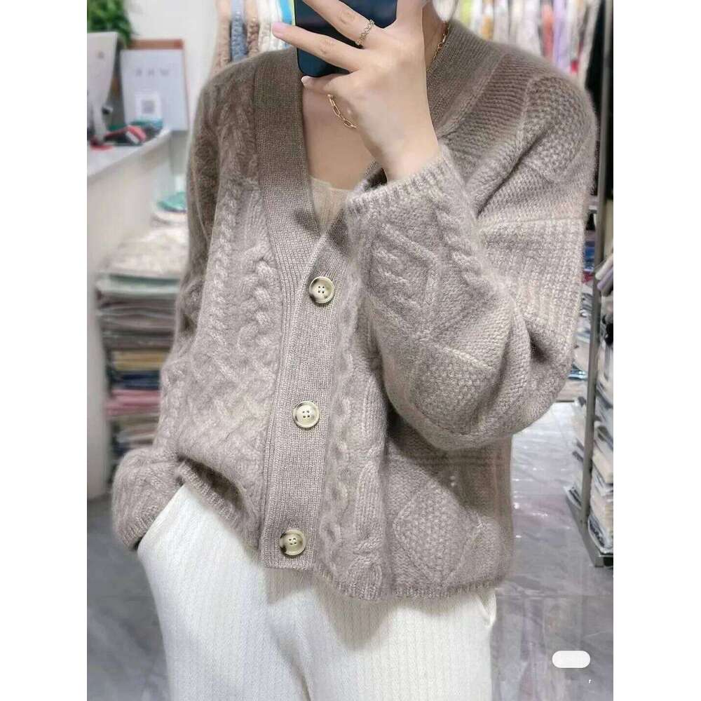 Heavy Thick Twist Flower V-Neck Cashmere Knitted Cardigan Women Autumn And Winter Lazy Loose Every Sweater Overcoat 250806