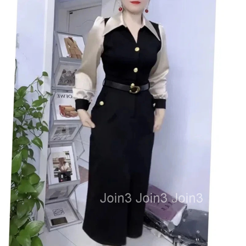 Spring Autumn New Fashion POLO Collar Long Sleeve Patchwork Womens Clothing Color Blocking Button Temperament Thin Slim Dresses