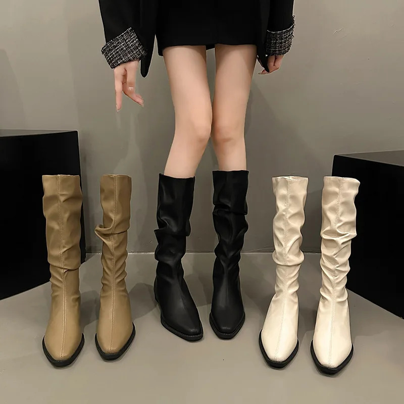 Spring and Autumn Thick Heel Fold Pile Long Knight Boots Pointed Low Heels Casual Elegant Temperament Sleeve Slim Boots 250805